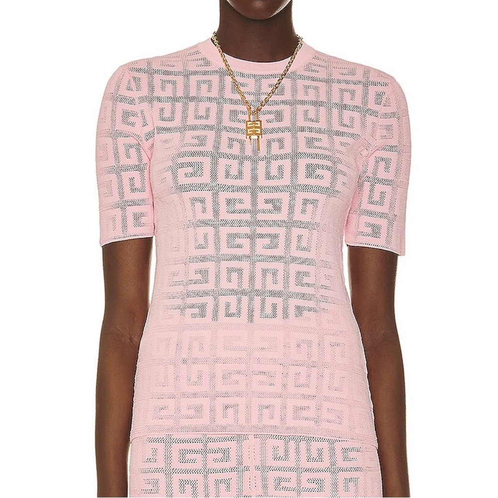 NWT Givenchy 4G Jacquard Lace Crew Neck Short Sleeve Sweater in Light Pink